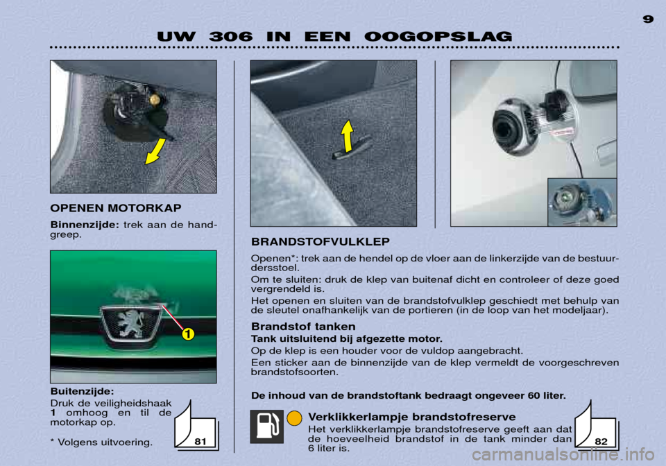 Peugeot 306 Break 2002 Handleiding (in Dutch) 1
UW 306 IN EEN OOGOPSLAG9
BRANDSTOFVULKLEP Openen*: trek aan de hendel op de vloer aan de linkerzijde van de bestuur- dersstoel. Om te sluiten: druk de klep van buitenaf dicht en controleer of deze g Peugeot 306 Break 2002 Handleiding (in Dutch) 1
UW 306 IN EEN OOGOPSLAG9
BRANDSTOFVULKLEP Openen*: trek aan de hendel op de vloer aan de linkerzijde van de bestuur- dersstoel. Om te sluiten: druk de klep van buitenaf dicht en controleer of deze g