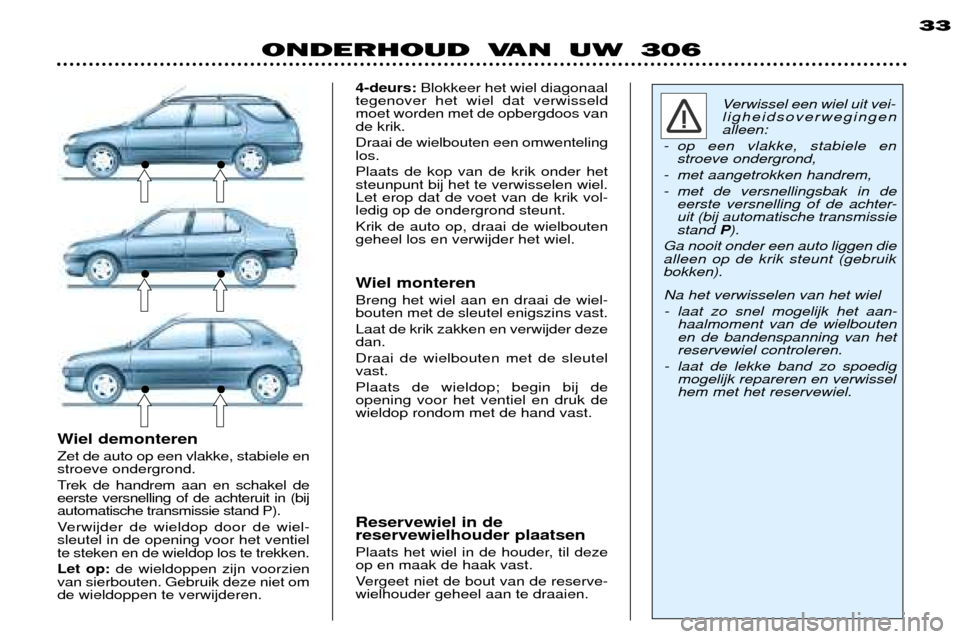 Peugeot 306 Break 2002 Handleiding (in Dutch) ONDERHOUD VAN UW 30633
Verwissel een wiel uit vei- ligheidsoverwegingenalleen:
- op een vlakke, stabiele en stroeve ondergrond,
- met aangetrokken handrem,
- met de versnellingsbak in de eerste versn Peugeot 306 Break 2002 Handleiding (in Dutch) ONDERHOUD VAN UW 30633
Verwissel een wiel uit vei- ligheidsoverwegingenalleen:
- op een vlakke, stabiele en stroeve ondergrond,
- met aangetrokken handrem,
- met de versnellingsbak in de eerste versn