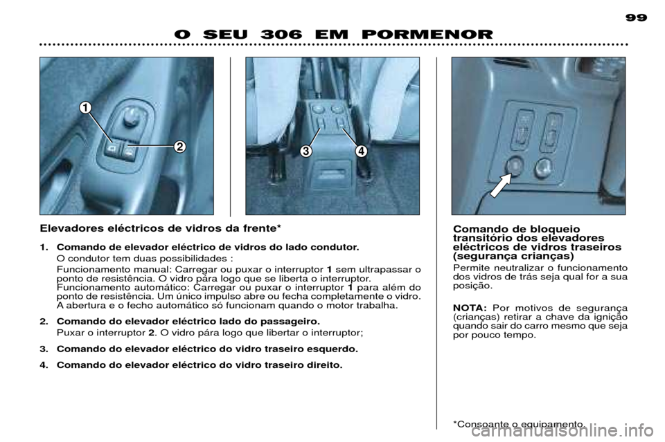 Peugeot 306 Break 2002 Manual do proprietário (in Portuguese) 1
234
99
O SEU 306 EM PORMENOR
Elevadores elŽctricos de vidros da frente*
1. Comando de elevador elŽctrico de vidros do lado condutor.O condutor tem duas possibilidades : Funcionamento manual: Carr Peugeot 306 Break 2002 Manual do proprietário (in Portuguese) 1
234
99
O SEU 306 EM PORMENOR
Elevadores elŽctricos de vidros da frente*
1. Comando de elevador elŽctrico de vidros do lado condutor.O condutor tem duas possibilidades : Funcionamento manual: Carr