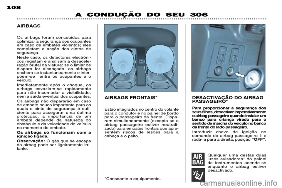 Peugeot 306 Break 2002 Manual do proprietário (in Portuguese) 108
A CONDUÇÄO DO SEU 306
AIRBAGSAIRBAGS FRONTAIS* DESACTIVA‚ÌO DO AIRBAGPASSAGEIRO* Para proporcionar a seguran seus filhos, desactivar imperativamenteo airbag passageiro quando instalar umbanco Peugeot 306 Break 2002 Manual do proprietário (in Portuguese) 108
A CONDUÇÄO DO SEU 306
AIRBAGSAIRBAGS FRONTAIS* DESACTIVA‚ÌO DO AIRBAGPASSAGEIRO* Para proporcionar a seguran seus filhos, desactivar imperativamenteo airbag passageiro quando instalar umbanco