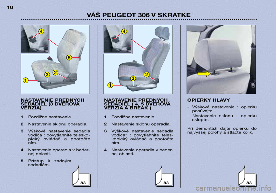 Peugeot 306 Break 2002  Užívateľská príručka (in Slovak) NASTAVENIE PREDNÝCH 
SEDADIEL (3 DVEROVÁVERZIA) 1Pozdĺžne nastavenie.
2 Nastavenie sklonu operadla.
3 Výškové  nastavenie  sedadla
vodiča  :  povytiahnite  telesko- 
pický  ovládač  a  poot
