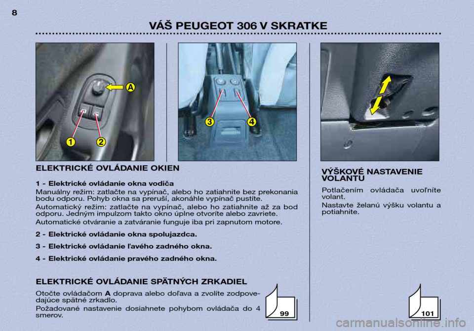 Peugeot 306 Break 2002 Užívateľská príručka (in Slovak) 12
34
A
ELEKTRICKÉ OVLÁDANIE OKIEN
1 - Elektrické ovládanie okna vodiča
Manuálny režim: zatlačte na vypínač, alebo ho zatiahnite bez prekonania
bodu odporu. Pohyb okna sa preruší, akon Peugeot 306 Break 2002 Užívateľská príručka (in Slovak) 12
34
A
ELEKTRICKÉ OVLÁDANIE OKIEN
1 - Elektrické ovládanie okna vodiča
Manuálny režim: zatlačte na vypínač, alebo ho zatiahnite bez prekonania
bodu odporu. Pohyb okna sa preruší, akon