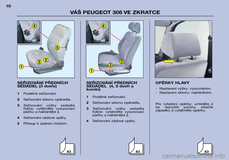 Peugeot 306 Break 2002 Návod k obsluze (in Czech) SEŘIZOVÁNÍ PŘEDNÍCH
SEDADEL (3 dveře) 1Podélné seři zování.
2 Seřizování sklonu opěradla.
3 Seřizování výšky sedadla
řidiče: vytáhněte vysunovací
páčku a naklánějte Peugeot 306 Break 2002 Návod k obsluze (in Czech) SEŘIZOVÁNÍ PŘEDNÍCH
SEDADEL (3 dveře) 1Podélné seři zování.
2 Seřizování sklonu opěradla.
3 Seřizování výšky sedadla
řidiče: vytáhněte vysunovací
páčku a naklánějte