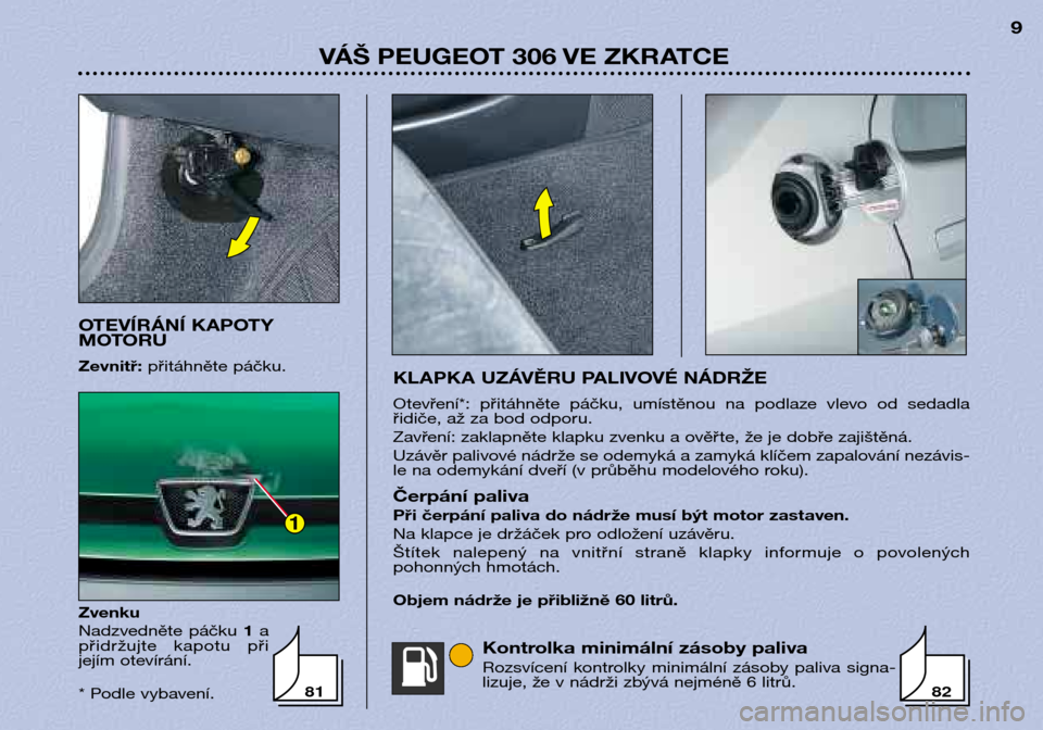 Peugeot 306 Break 2002 Návod k obsluze (in Czech) 1
VÁŠ PEUGEOT 306 VE ZKRATCE9
KLAPKA UZÁVĚRU PALIVOVÉ NÁDRŽE
Otevření*: přitáhněte páčku, umístěnou na podlaze vlevo od sedadla
řidiče, až za bod odporu.
Zavření: zakla Peugeot 306 Break 2002 Návod k obsluze (in Czech) 1
VÁŠ PEUGEOT 306 VE ZKRATCE9
KLAPKA UZÁVĚRU PALIVOVÉ NÁDRŽE
Otevření*: přitáhněte páčku, umístěnou na podlaze vlevo od sedadla
řidiče, až za bod odporu.
Zavření: zakla