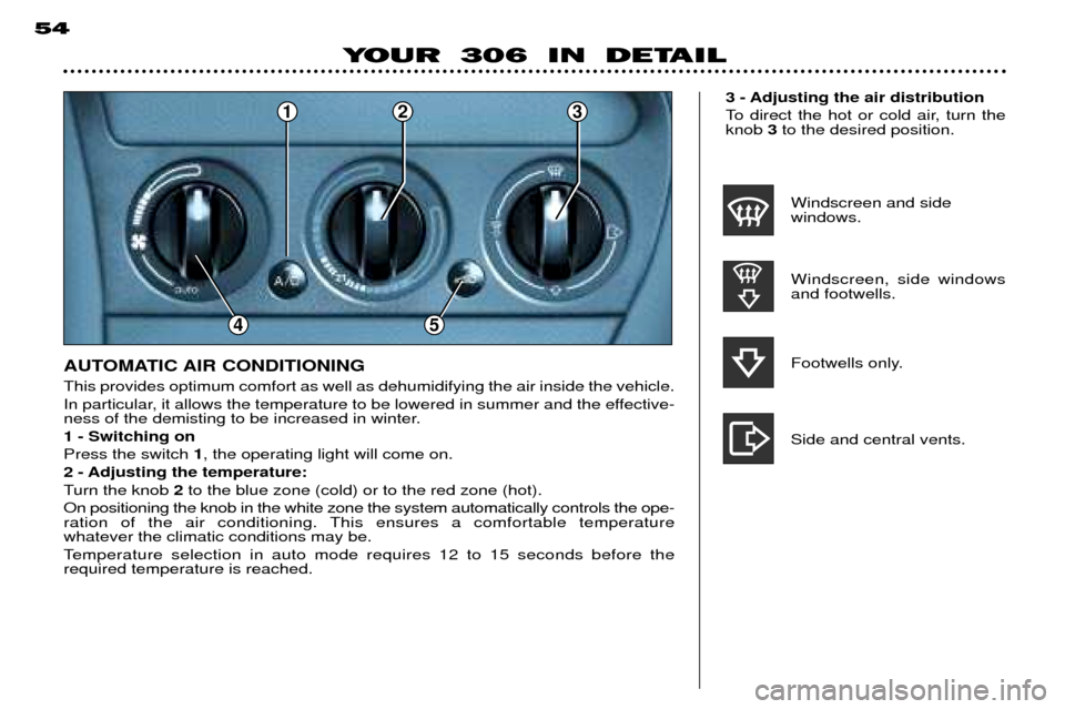 Peugeot 306 Break Dag 2002 Workshop Manual 23
4
1
5
543 - Adjusting the air distribution 
To direct the hot or cold air, turn the knob 3to the desired position.
This provides optimum comfort as well as dehumidifying the air inside the vehicle.
