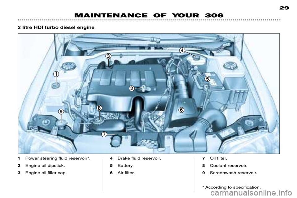 Peugeot 306 Break Dag 2002 Owners Manual 1
9
5
3
2
4
8
7
6
MAINTENANCE OF YOUR 30629
1
Power steering fluid reservoir*.
2 Engine oil dipstick.
3 Engine oil filler cap. 4
Brake fluid reservoir.
5 Battery.
6 Air filter. 7
Oil filter.
8 Coolant Peugeot 306 Break Dag 2002 Owners Manual 1
9
5
3
2
4
8
7
6
MAINTENANCE OF YOUR 30629
1
Power steering fluid reservoir*.
2 Engine oil dipstick.
3 Engine oil filler cap. 4
Brake fluid reservoir.
5 Battery.
6 Air filter. 7
Oil filter.
8 Coolant