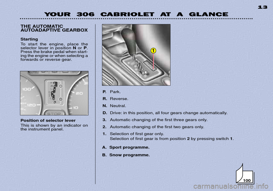 Peugeot 306 C 2001 Owners Manual YOUR 306 CABRIOLET AT A GLANCE13
100
THE AUTOMATIC
AUTOADAPTIVE GEARBOX
P.
Park.
R. Reverse.
N. Neutral.
D. Drive: in this position, all four gears change automatically.
3. Automatic changing of Peugeot 306 C 2001 Owners Manual YOUR 306 CABRIOLET AT A GLANCE13
100
THE AUTOMATIC
AUTOADAPTIVE GEARBOX
P.
Park.
R. Reverse.
N. Neutral.
D. Drive: in this position, all four gears change automatically.
3. Automatic changing of