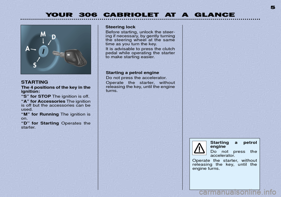 Peugeot 306 C 2001  Owners Manual YOUR  306  CABRIOLET  AT  A  GLANCE5
STARTING The 4 positions of the key in the ignition: 
ÒSÓ for STOP
The ignition is off.
ÒAÓ for Accessories The ignition
is off but the accessories can be used