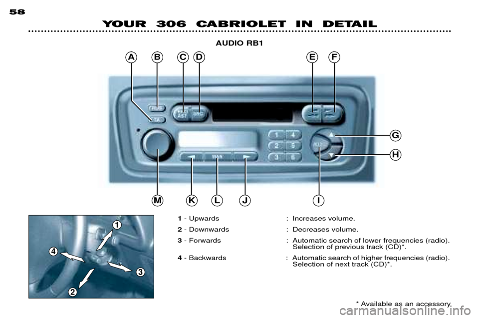 Peugeot 306 C 2001  Owners Manual YOUR  306  CABRIOLET  IN  DETAIL
58
1- Upwards : Increases volume.
2 - Downwards : Decreases volume.
3 - Forwards : Automatic search of lower frequencies (radio).
Selection of previous track (CD)*.
4 