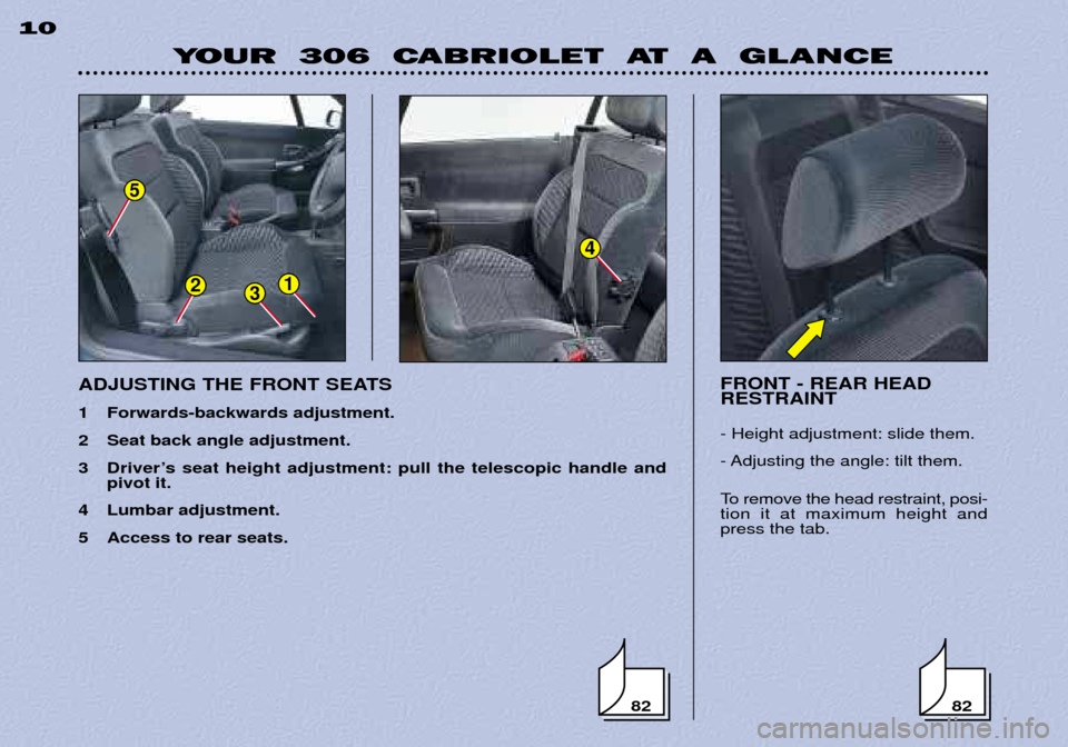 Peugeot 306 C 2001  Owners Manual YOUR  306  CABRIOLET  AT  A  GLANCE
10
FRONT - REAR HEAD RESTRAINT - Height adjustment: slide them. 
- Adjusting the angle: tilt them. 
To remove the head restraint, posi- tion it at maximum height an