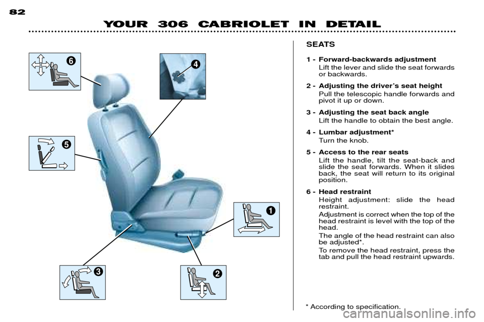 Peugeot 306 C 2001 Owners Manual YOUR 306 CABRIOLET IN DETAIL
82
SEATS
1 - Forward-backwards adjustmentLift the lever and slide the seat forwards or backwards.
2 - Adjusting the driverÕs seat height Pull the telescopic handle fo Peugeot 306 C 2001 Owners Manual YOUR 306 CABRIOLET IN DETAIL
82
SEATS
1 - Forward-backwards adjustmentLift the lever and slide the seat forwards or backwards.
2 - Adjusting the driverÕs seat height Pull the telescopic handle fo