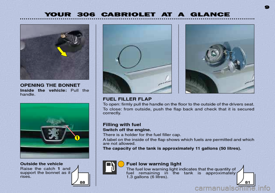 Peugeot 306 C 2001  Owners Manual YOUR  306  CABRIOLET  AT  A  GLANCE9
9
FUEL FILLER FLAP 
To open: firmly pull the handle on the floor to the outside of the drivers seat. 
To close: from outside, push the flap back and check that it 