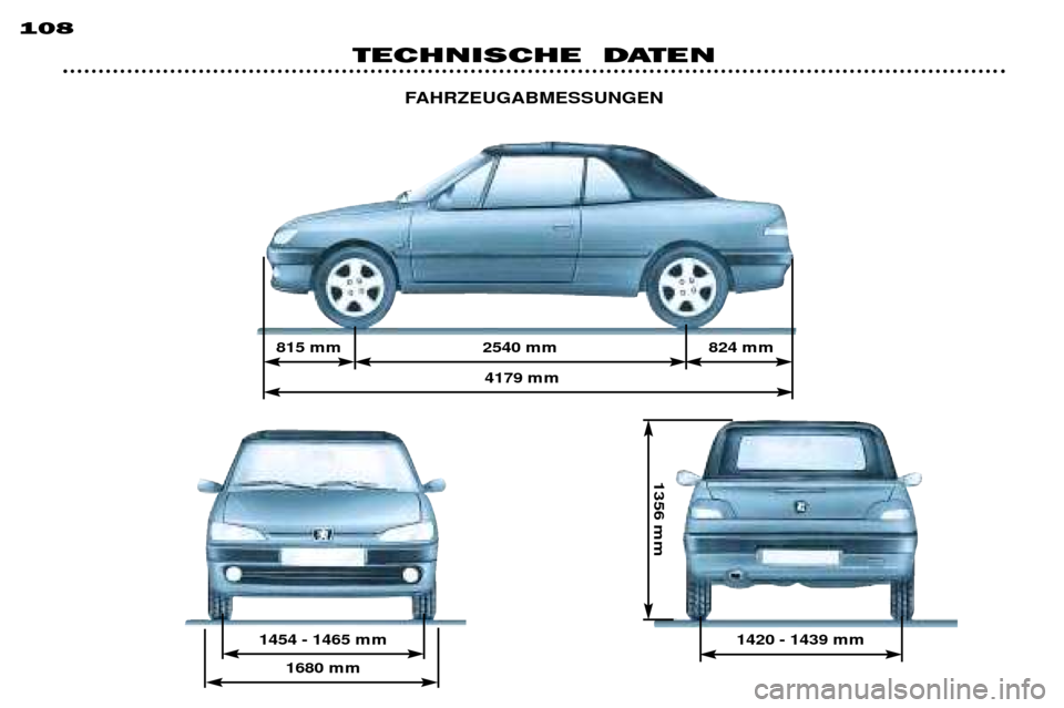 Peugeot 306 C 2001  Betriebsanleitung (in German) 815 m m 2540 m m4179 m m
1454 - 1465 m m 824 m m
1356 m m
1420 - 1439 m m
1680 m m
108
TECHNISCHE  DATEN
FAHRZEUGABMESSUNGEN    