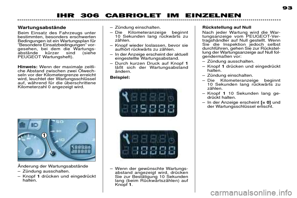 Peugeot 306 C 2001 Betriebsanleitung (in German) 193
IHR 306 CABRIOLET IM EINZELNEN
Ð ZŸndung einschalten.
Ð Die Kilometeranzeige beginnt
10 Sekunden lang rŸckwŠrts zu zŠhlen.
Ð Knopf wieder loslassen, bevor sie aufhšrt rŸckwŠrts zu Peugeot 306 C 2001 Betriebsanleitung (in German) 193
IHR 306 CABRIOLET IM EINZELNEN
Ð ZŸndung einschalten.
Ð Die Kilometeranzeige beginnt
10 Sekunden lang rŸckwŠrts zu zŠhlen.
Ð Knopf wieder loslassen, bevor sie aufhšrt rŸckwŠrts zu