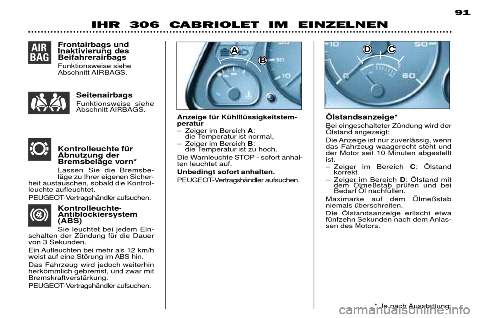 Peugeot 306 C 2001  Betriebsanleitung (in German) DCA
B91
IHR  306  CABRIOLET  IM  EINZELNEN
Kontrolleuchte- Antiblockiersystem(ABS) Sie leuchtet bei jedem Ein-
schalten der ZŸndung fŸr die Dauer von 3 Sekunden. 
Ein Aufleuchten bei mehr als 12 km/