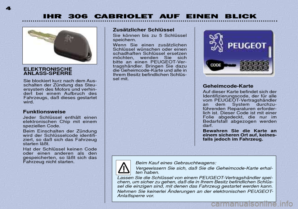 Peugeot 306 C 2001  Betriebsanleitung (in German) IHR  306  CABRIOLET  AUF  EINEN  BLICK
4
Geheimcode-Karte  Auf dieser Karte befindet sich der Identifizierungscode, der fŸr alle
vom PEUGEOT-VertragshŠndleran dem System durchzu-fŸhrenden Reparatur