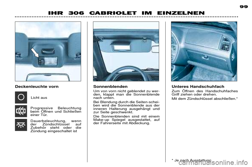 Peugeot 306 C 2001 Betriebsanleitung (in German) Unteres Handschuhfach
Zum …ffnen des Handschuhfaches
Griff ziehen oder drehen. Mit dem ZŸndschlŸssel abschlie§en.*
Sonnenblenden Um von vorn nicht geblendet zu wer- den, klappt man die Sonnenb Peugeot 306 C 2001 Betriebsanleitung (in German) Unteres Handschuhfach
Zum …ffnen des Handschuhfaches
Griff ziehen oder drehen. Mit dem ZŸndschlŸssel abschlie§en.*
Sonnenblenden Um von vorn nicht geblendet zu wer- den, klappt man die Sonnenb