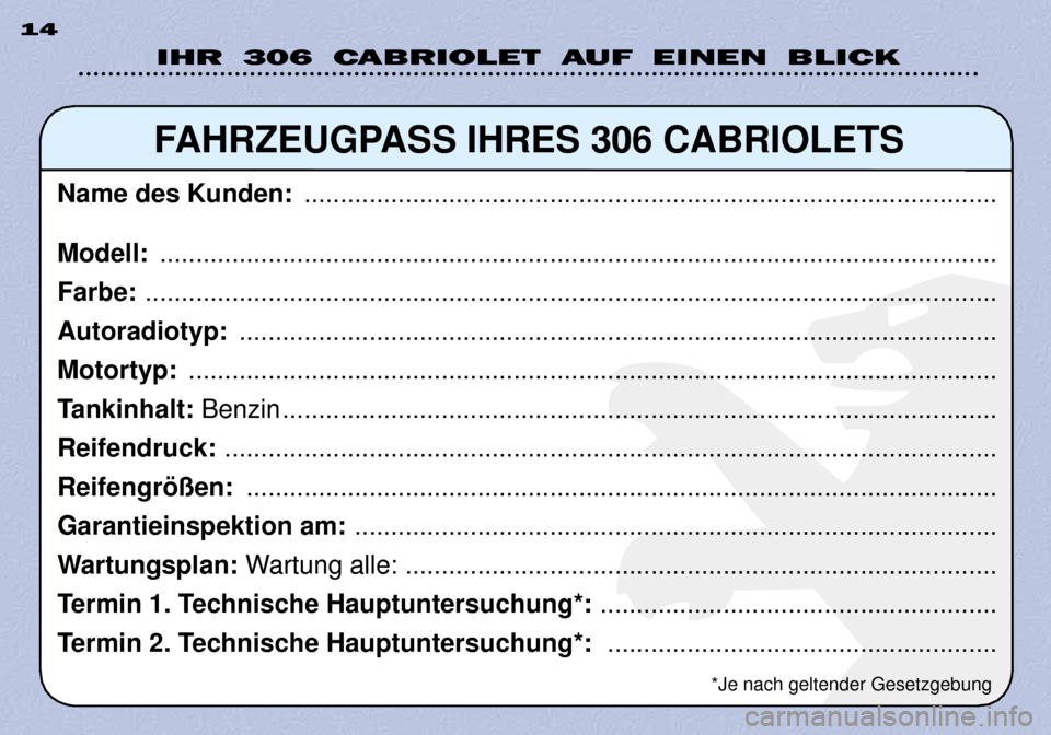 Peugeot 306 C 2001  Betriebsanleitung (in German) IHR 306 CABRIOLET AUF EINEN BLICK
14
FAHRZEUGPASS IHRES 306 CABRIOLETS
Name des Kunden:  ................................................................................................
Modell:  .....