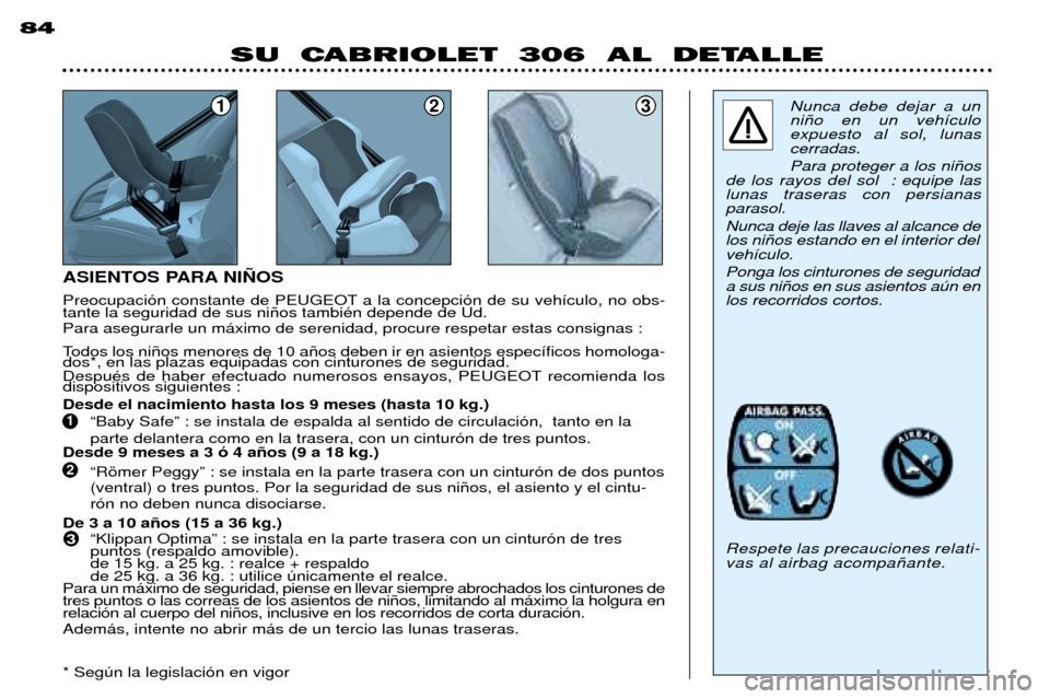 Peugeot 306 C 2001  Manual del propietario (in Spanish) 123Nunca debe dejar a un ni–o en un veh’culoexpuesto al sol, lunascerradas. Para proteger a los ni–os
de los rayos del sol  : equipe las lunas traseras con persianasparasol. Nunca deje las llave