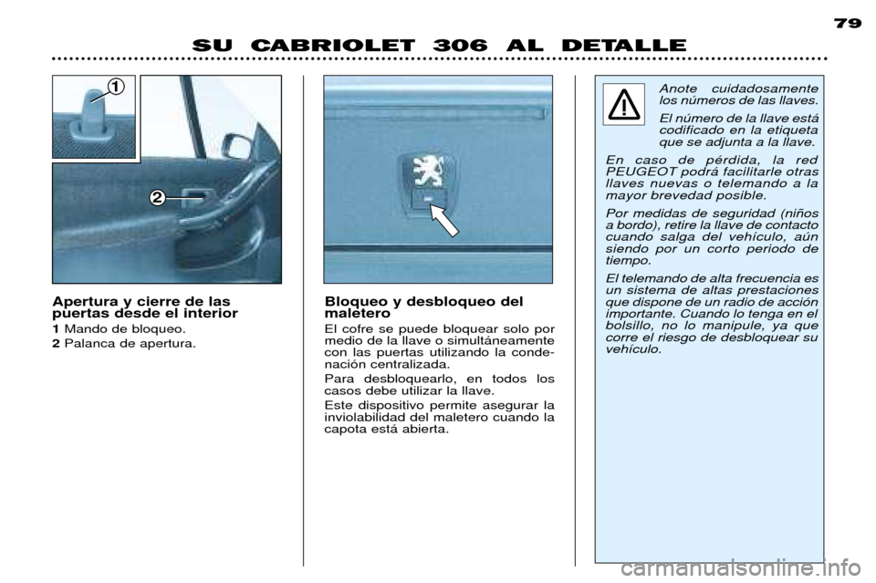 Peugeot 306 C 2001  Manual del propietario (in Spanish) 1
2
79
SU  CABRIOLET 306  AL  DETALLE
Bloqueo y desbloqueo del maletero El cofre se puede bloquear solo por medio de la llave o simult‡neamentecon las puertas utilizando la conde-naci—n centraliza