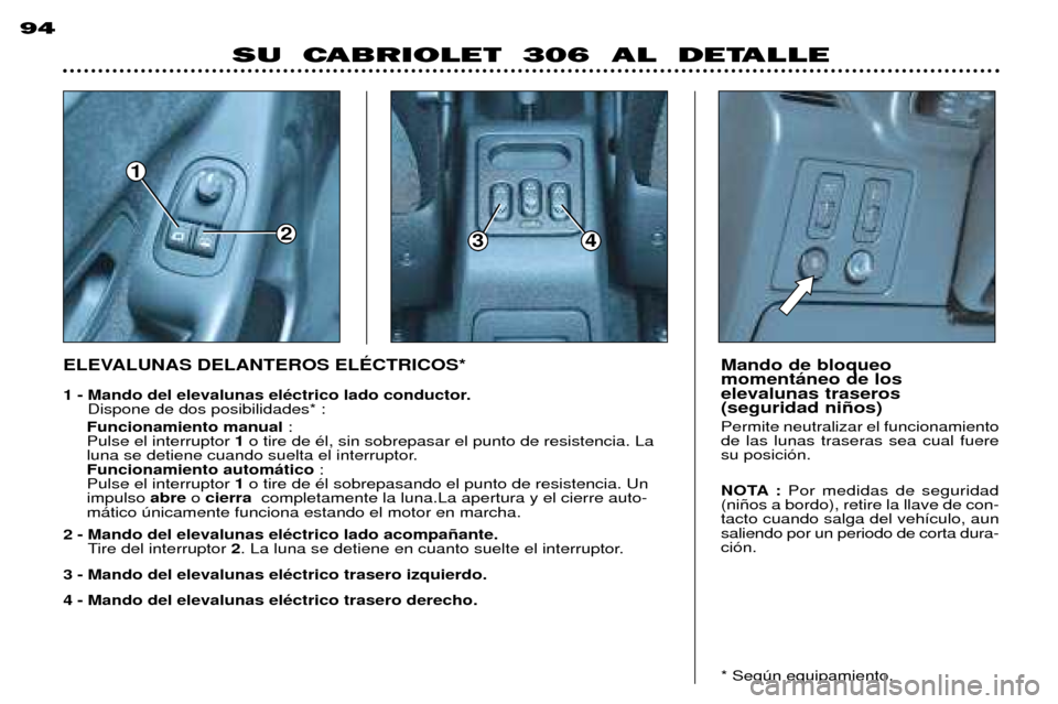Peugeot 306 C 2001  Manual del propietario (in Spanish) 1
234
94
SU  CABRIOLET  306  AL  DETALLE
Mando de bloqueo moment‡neo de loselevalunas traseros(seguridad ni–os) Permite neutralizar el funcionamiento de las lunas traseras sea cual fueresu posici