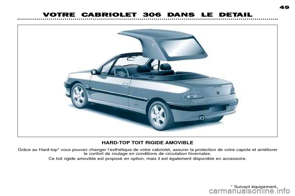 Peugeot 306 C 2001 Manuel du propriétaire (in French) HARD-TOP TOIT RIGIDE AMOVIBLE
Gr‰ce au Hard-top* vous pouvez changer lÕesthŽtique de votre cabriolet, assurer la protection de votre capote et amŽliorer le confort de roulage en conditions de cir Peugeot 306 C 2001 Manuel du propriétaire (in French) HARD-TOP TOIT RIGIDE AMOVIBLE
Gr‰ce au Hard-top* vous pouvez changer lÕesthŽtique de votre cabriolet, assurer la protection de votre capote et amŽliorer le confort de roulage en conditions de cir