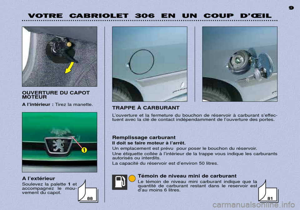 Peugeot 306 C 2001 Manuel du propriétaire (in French) VOTRE CABRIOLET 306 EN UN COUP D’ŒIL9
TRAPPE Ë CARBURANT
LÕouverture et la fermeture du bouchon de rŽservoir ˆ carburant sÕeffec- tuent avec la clŽ de contact indŽpendamment de lÕouv Peugeot 306 C 2001 Manuel du propriétaire (in French) VOTRE CABRIOLET 306 EN UN COUP D’ŒIL9
TRAPPE Ë CARBURANT
LÕouverture et la fermeture du bouchon de rŽservoir ˆ carburant sÕeffec- tuent avec la clŽ de contact indŽpendamment de lÕouv