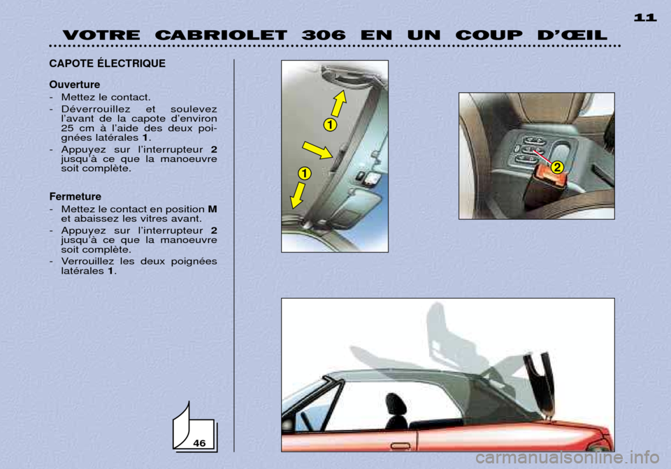 Peugeot 306 C 2001  Manuel du propriétaire (in French) VOTRE  CABRIOLET  306  EN  UN  COUP  D’ŒIL11
46
1
12
CAPOTE ƒLECTRIQUE Ouverture
- Mettez le contact. 
- DŽverrouillez et soulevez
lÕavant de la capote dÕenviron 25 cm ˆ lÕaide des deux poi-g