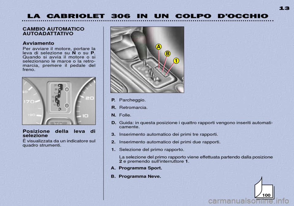 Peugeot 306 C 2001 Manuale del proprietario (in Italian) 100
1
B
A
LA CABRIOLET 306 IN UN COLPO D’OCCHIO13
CAMBIO AUTOMATICO
AUTOADATTATIVO
P.Parcheggio.
R. Retromarcia.
N. Folle.
D. Guida: in questa posizione i quattro rapporti vengono inseriti au Peugeot 306 C 2001 Manuale del proprietario (in Italian) 100
1
B
A
LA CABRIOLET 306 IN UN COLPO D’OCCHIO13
CAMBIO AUTOMATICO
AUTOADATTATIVO
P.Parcheggio.
R. Retromarcia.
N. Folle.
D. Guida: in questa posizione i quattro rapporti vengono inseriti au
