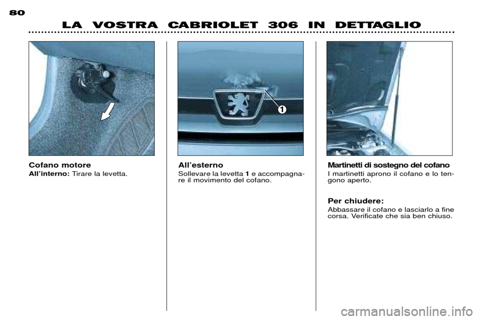 Peugeot 306 C 2001 Manuale del proprietario (in Italian) Cofano motore AllÕinterno:Tirare la levetta. AllÕesternoSollevare la levetta
1e accompagna-
re il movimento del cofano. Martinetti di sostegno del cofanoI martinetti aprono il cofano e lo ten- gono Peugeot 306 C 2001 Manuale del proprietario (in Italian) Cofano motore AllÕinterno:Tirare la levetta. AllÕesternoSollevare la levetta
1e accompagna-
re il movimento del cofano. Martinetti di sostegno del cofanoI martinetti aprono il cofano e lo ten- gono