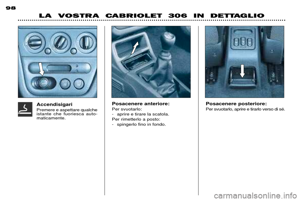 Peugeot 306 C 2001 Manuale del proprietario (in Italian) Posacenere anteriore: Per svuotarlo:
- aprire e tirare la scatola.Per rimetterlo a posto:
- spingerlo fino in fondo.Posacenere posteriore: Per svuotarlo, aprire e tirarlo verso di sŽ.
AccendisigariP Peugeot 306 C 2001 Manuale del proprietario (in Italian) Posacenere anteriore: Per svuotarlo:
- aprire e tirare la scatola.Per rimetterlo a posto:
- spingerlo fino in fondo.Posacenere posteriore: Per svuotarlo, aprire e tirarlo verso di sŽ.
AccendisigariP