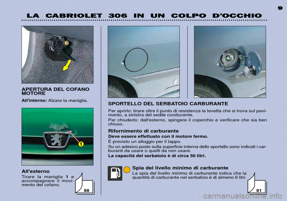 Peugeot 306 C 2001  Manuale del proprietario (in Italian) APERTURA DEL COFANO 
MOTORE Allinterno:Alzare la maniglia.
SPORTELLO DEL SERBATOIO CARBURANTEPer aprirlo: tirare oltre il punto di resistenza la levetta che si trova sul pavi- mento, a sinistra del s