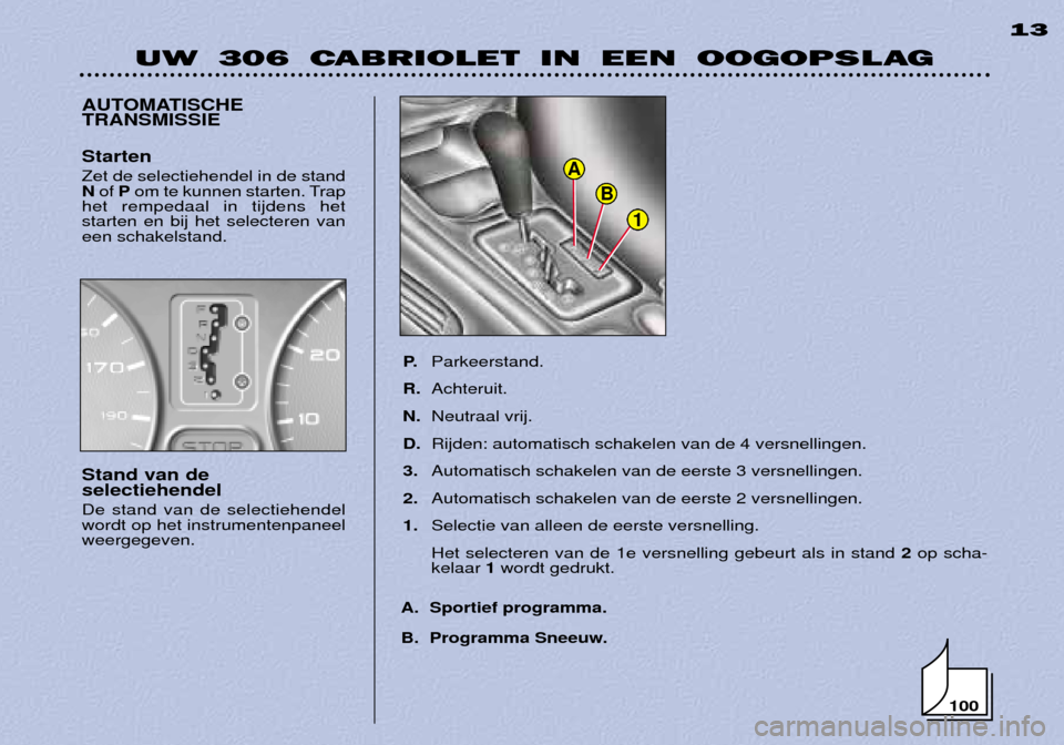 Peugeot 306 C 2001 Handleiding (in Dutch) 100
1
B
A
UW 306 CABRIOLET IN EEN OOGOPSLAG13
AUTOMATISCHE TRANSMISSIE
P.Parkeerstand.
R. Achteruit.
N. Neutraal vrij.
D. Rijden: automatisch schakelen van de 4 versnellingen.
3. Automatisch schakelen Peugeot 306 C 2001 Handleiding (in Dutch) 100
1
B
A
UW 306 CABRIOLET IN EEN OOGOPSLAG13
AUTOMATISCHE TRANSMISSIE
P.Parkeerstand.
R. Achteruit.
N. Neutraal vrij.
D. Rijden: automatisch schakelen van de 4 versnellingen.
3. Automatisch schakelen