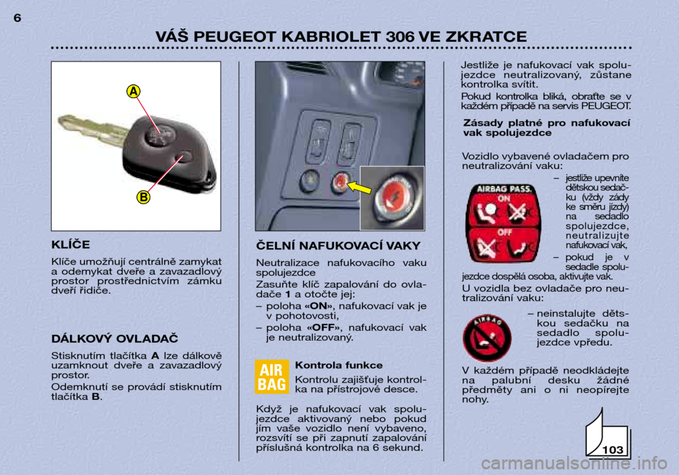 Peugeot 306 C 2001  Návod k obsluze (in Czech) KLÍČE 
Klíče umožňují centrálně zamykat 
a  odemykat  dveře  a  zavazadlový
prostor  prostřednictvím  zámku
dveří řidiče.
103
A
B
VÁŠ PEUGEOT KABRIOLET 306 VE ZKRATCE
6
ČELNÍ NAF