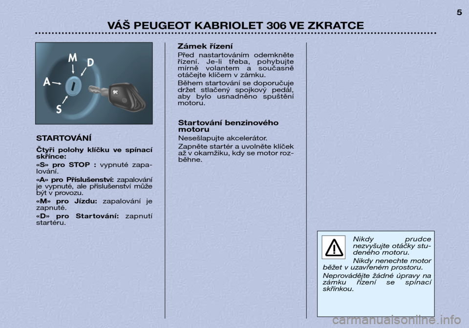 Peugeot 306 C 2001 Návod k obsluze (in Czech) VÁŠ PEUGEOT KABRIOLET 306 VE ZKRATCE5
STARTOVÁNÍ
Čtyři polohy klíčku ve spínací skřínce:
«S» pro STOP : vypnuté zapa-
lování.
«A» pro Příslušenství: zapalování
j Peugeot 306 C 2001 Návod k obsluze (in Czech) VÁŠ PEUGEOT KABRIOLET 306 VE ZKRATCE5
STARTOVÁNÍ
Čtyři polohy klíčku ve spínací skřínce:
«S» pro STOP : vypnuté zapa-
lování.
«A» pro Příslušenství: zapalování
j