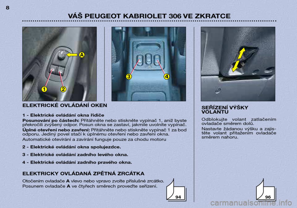Peugeot 306 C 2001 Návod k obsluze (in Czech) 96
12
34
A
94
ELEKTRICKÉ OVLÁDÁNÍ OKEN
1 - Elektrické ovládání okna řidiče
Posunování po částech:Přitáhněte nebo stiskněte vypínač 1, aniž byste
překročili zvýšený odpor. P Peugeot 306 C 2001 Návod k obsluze (in Czech) 96
12
34
A
94
ELEKTRICKÉ OVLÁDÁNÍ OKEN
1 - Elektrické ovládání okna řidiče
Posunování po částech:Přitáhněte nebo stiskněte vypínač 1, aniž byste
překročili zvýšený odpor. P