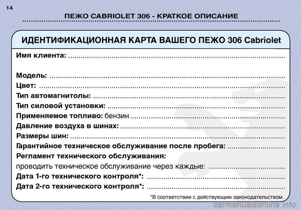 Peugeot 306 C 2001 Инструкция по эксплуатации (in Russian) ПЕЖО CABRIOLET 306 - КРАТКОЕ ОПИСАНИЕ
14
ИДЕНТИФИКАЦИОННАЯ КАРТА ВАШЕГО ПЕЖО 306 Cabriolet
Имя клиента: ................................... Peugeot 306 C 2001 Инструкция по эксплуатации (in Russian) ПЕЖО CABRIOLET 306 - КРАТКОЕ ОПИСАНИЕ
14
ИДЕНТИФИКАЦИОННАЯ КАРТА ВАШЕГО ПЕЖО 306 Cabriolet
Имя клиента: ...................................