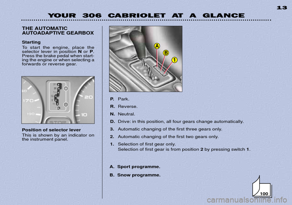 Peugeot 306 C Dag 2001 User Guide 100
1
B
A
YOUR 306 CABRIOLET AT A GLANCE13
THE AUTOMATIC
AUTOADAPTIVE GEARBOX
P.Park.
R. Reverse.
N. Neutral.
D. Drive: in this position, all four gears change automatically.
3. Automatic changi Peugeot 306 C Dag 2001 User Guide 100
1
B
A
YOUR 306 CABRIOLET AT A GLANCE13
THE AUTOMATIC
AUTOADAPTIVE GEARBOX
P.Park.
R. Reverse.
N. Neutral.
D. Drive: in this position, all four gears change automatically.
3. Automatic changi