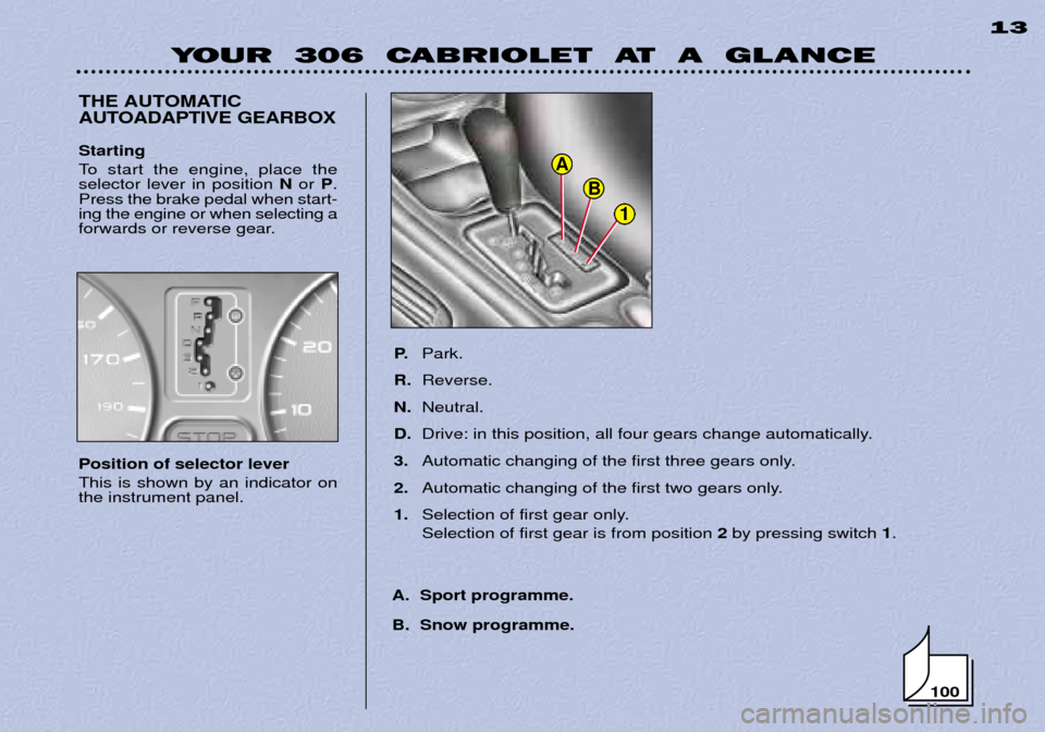 Peugeot 306 C Dag 2001  Owners Manual 100
1
B
A
YOUR  306  CABRIOLET  AT  A  GLANCE13
THE AUTOMATIC 
AUTOADAPTIVE GEARBOX
P.Park.
R. Reverse.
N. Neutral.
D. Drive: in this position, all four gears change automatically.
3. Automatic changi