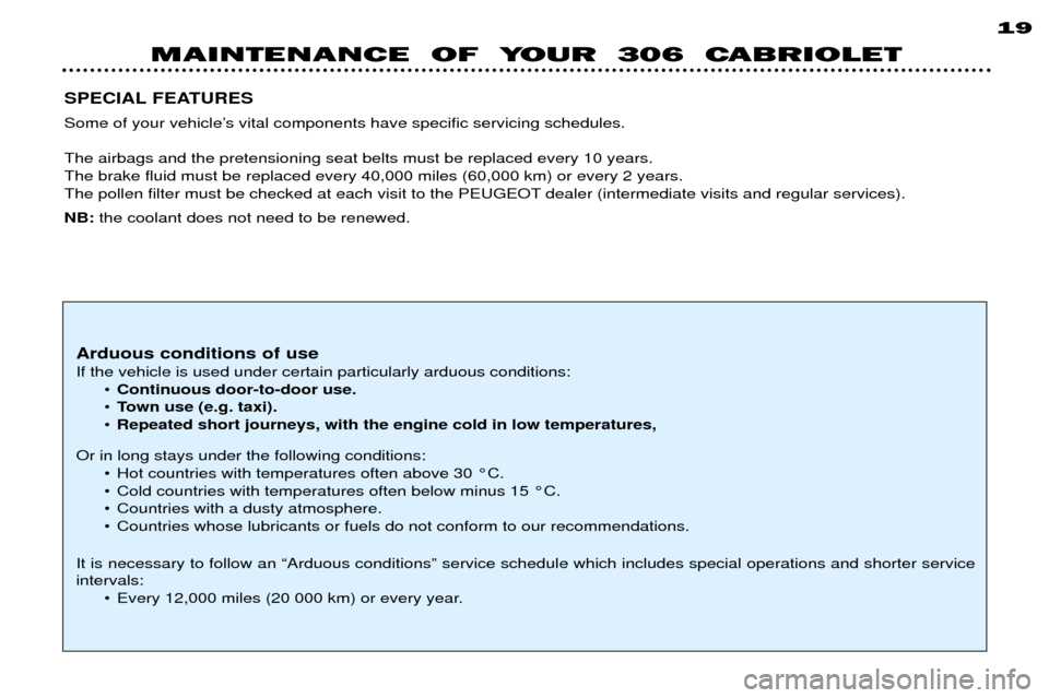 Peugeot 306 C Dag 2001 Owners Manual MAINTENANCE OF YOUR 306 CABRIOLET19
SPECIAL FEATURES
Some of your vehicleÕs vital components have specific servicing schedules. The airbags and the pretensioning seat belts must be replaced eve Peugeot 306 C Dag 2001 Owners Manual MAINTENANCE OF YOUR 306 CABRIOLET19
SPECIAL FEATURES
Some of your vehicleÕs vital components have specific servicing schedules. The airbags and the pretensioning seat belts must be replaced eve