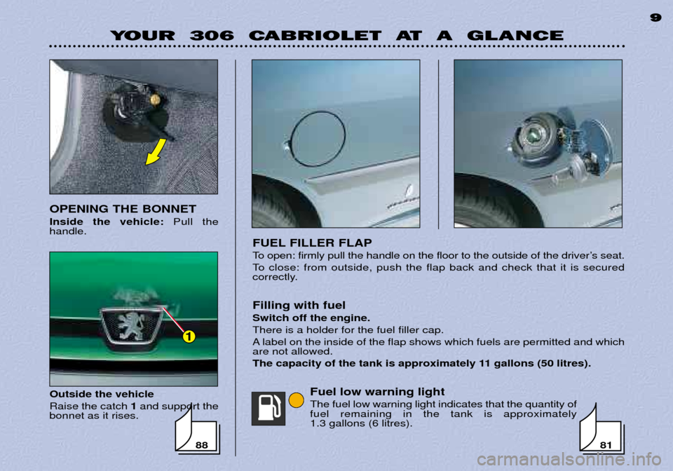 Peugeot 306 C Dag 2001  Owners Manual 88
1
YOUR  306  CABRIOLET  AT  A  GLANCE9
9
FUEL FILLER FLAP 
To open: firmly pull the handle on the floor to the outside of the driverÕs seat. 
To close: from outside, push the flap back and check t