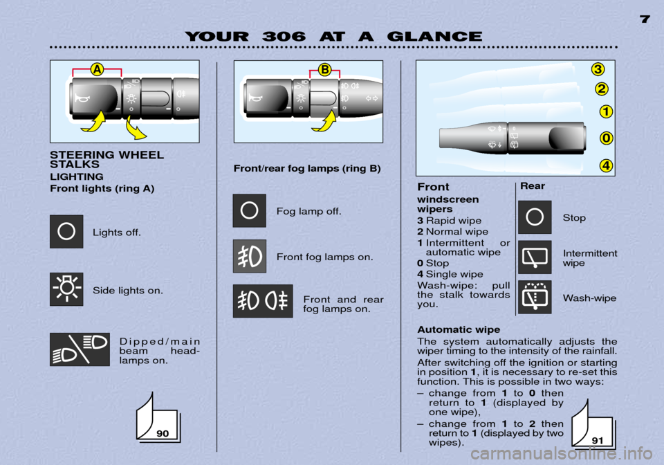 Peugeot 306 Dag 2002 Owners Manual 3
2
1
0
4
AB
YOUR 306 AT A GLANCE7
Automatic wipe The system automatically adjusts the wiper timing to the intensity of the rainfall.
After switching off the ignition or starting in position
1, it i Peugeot 306 Dag 2002 Owners Manual 3
2
1
0
4
AB
YOUR 306 AT A GLANCE7
Automatic wipe The system automatically adjusts the wiper timing to the intensity of the rainfall.
After switching off the ignition or starting in position
1, it i