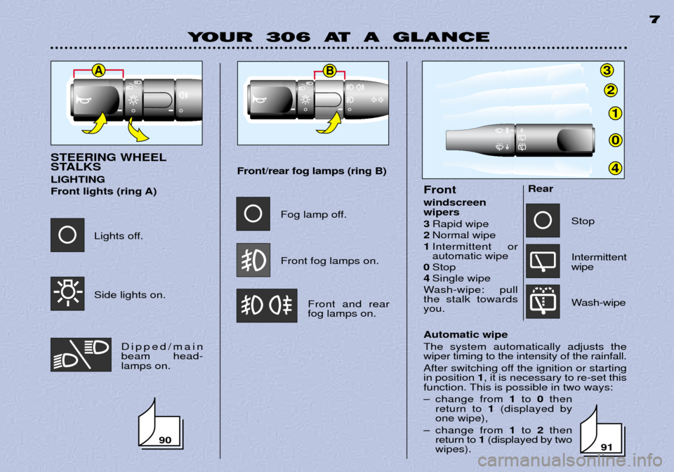 Peugeot 306 Dag 2002  Owners Manual 3
2
1
0
4
AB
YOUR 306 AT A GLANCE7
Automatic wipe The system automatically adjusts the wiper timing to the intensity of the rainfall. 
After switching off the ignition or starting in position 
1, it i