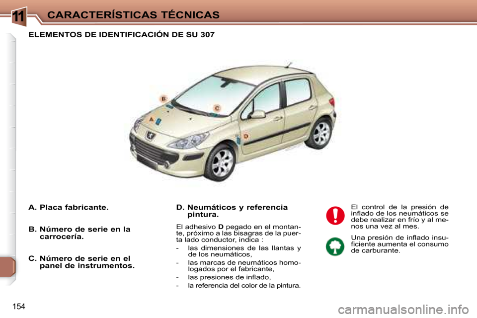Peugeot 307 Break 2007.5  Manual del propietario (in Spanish) 11CARACTERÍSTICAS TÉCNICAS
154
  ELEMENTOS DE IDENTIFICACIÓN DE SU 307 
  D.    Neumáticos y referencia pintura.   
 El adhesivo   D  pegado en el montan-
te, próximo a las bisagras de la puer- 

