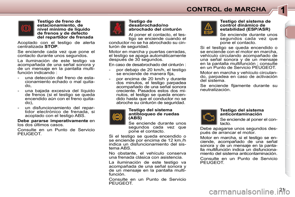 Peugeot 307 Break 2007.5 Manual del propietario (in Spanish) CONTROL de MARCHA
21
Testigo del sistema de
control dinámico de
estabilidad (ESP/ASR)
Se enciende durante unos
segundos cada vez que
pone el contacto.
Si el testigo se queda Peugeot 307 Break 2007.5 Manual del propietario (in Spanish) CONTROL de MARCHA
21
Testigo del sistema de
control dinámico de
estabilidad (ESP/ASR)
Se enciende durante unos
segundos cada vez que
pone el contacto.
Si el testigo se queda