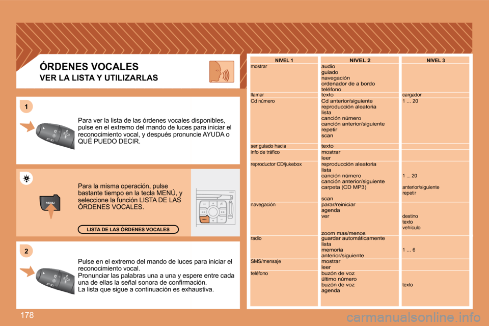 Peugeot 307 Break 2007.5  Manual del propietario (in Spanish) 178
MENUESCLIST
MENU
2
1
Pulse en el extremo del mando de luces para iniciar
 el 
reconocimiento vocal. 
Pronunciar las palabras una a una y espere entre ca da 
�u�n�a� �d�e� �e�l�l�a�s� �l�a� �s�e�ñ