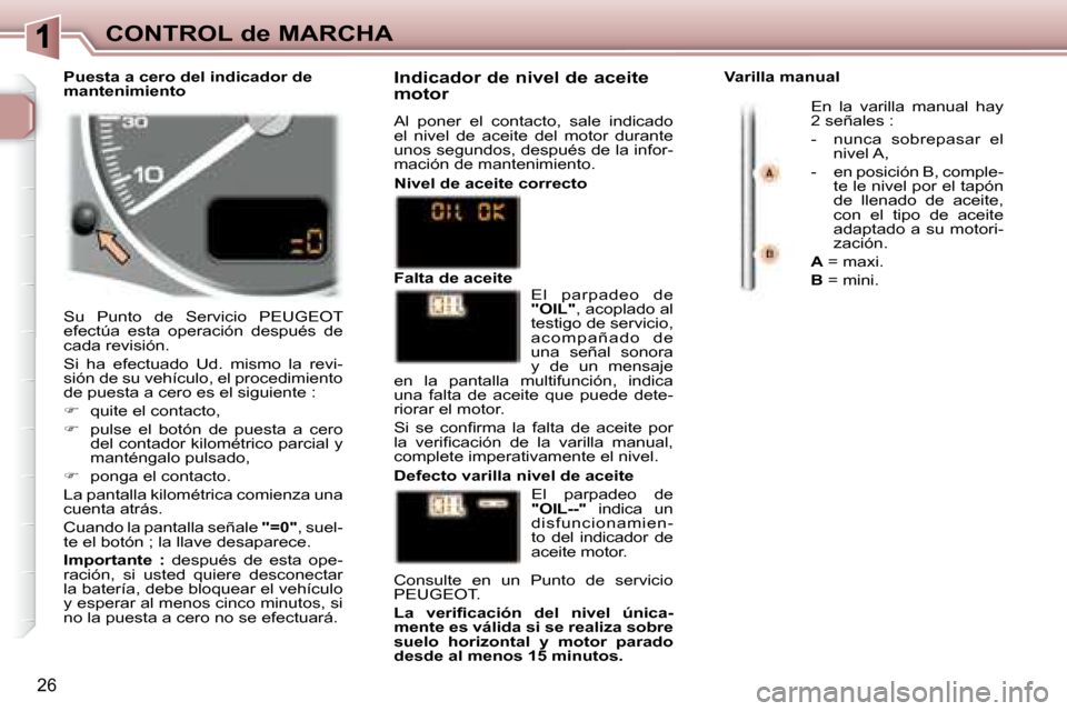 Peugeot 307 Break 2007.5 Manual del propietario (in Spanish) CONTROL de MARCHA
26
Su Punto de Servicio PEUGEOT
efectúa esta operación después de
cada revisión.
Si ha efectuado Ud. mismo la revi-
sión de su vehículo, el procedimiento Peugeot 307 Break 2007.5 Manual del propietario (in Spanish) CONTROL de MARCHA
26
Su Punto de Servicio PEUGEOT
efectúa esta operación después de
cada revisión.
Si ha efectuado Ud. mismo la revi-
sión de su vehículo, el procedimiento