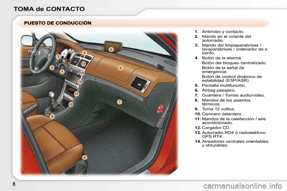 Peugeot 307 Break 2007.5  Manual del propietario (in Spanish) TOMA de CONTACTO
   
1.    Antirrobo y contacto. 
  
2.    Mando en el volante del 
autorradio. 
  
3.    Mando del limpiaparabrisas / 
lavaparabrisas / ordenador de a  
bordo. 
  
4.    Botón de la 