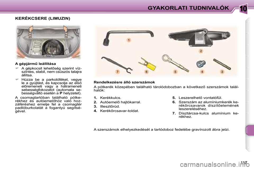 Peugeot 307 Break 2007.5  Kezelési útmutató (in Hungarian) 10GYAKORLATI TUDNIVALÓK
117
   
1.     Kerékkulcs.  
  
2. � �  � �A�u�t�ó�e�m�e�l5� �h�a�j�t�ó�k�a�r�r�a�l�.� � 
  
3. � �  � �I�l�l�e�s�z�t5�r�ú�d�.� � 
  
4. � �  � �K�e�r�é�k5�r�c�s�a�v�a