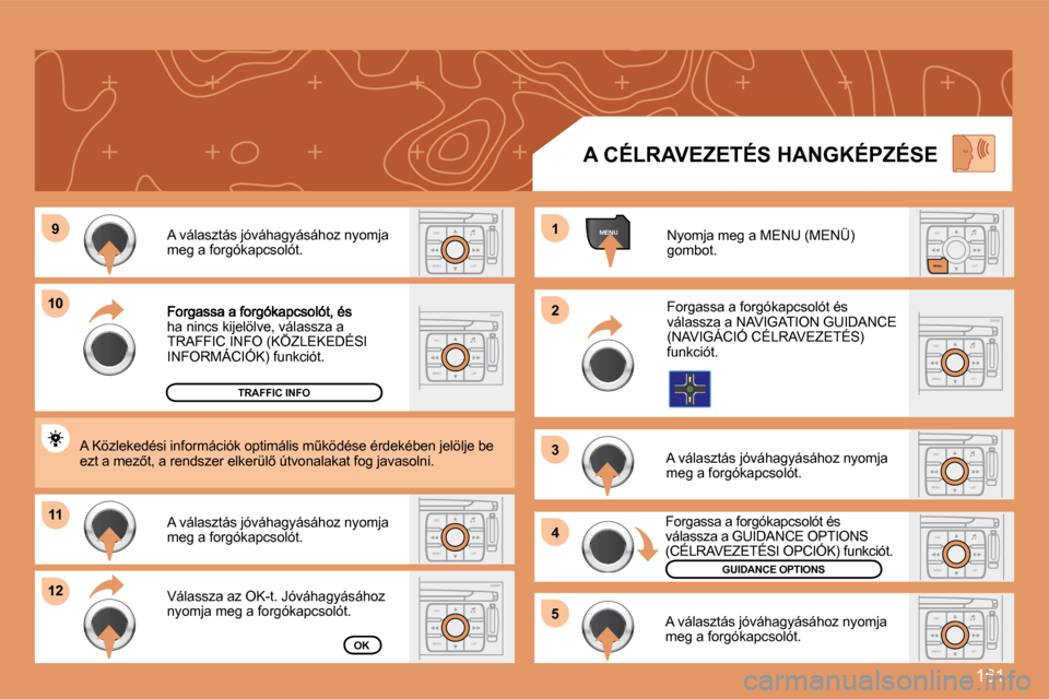 Peugeot 307 Break 2007.5  Kezelési útmutató (in Hungarian) 161
ESC
MENU LISTESC
MENU LIST
MENU�9�9
1010
1111
1212
11
22
33
44
�5�5
ESC
LIST
MENU
ESC
MENU LISTESC
MENU LIST
ESC
MENU LIST
ESC
MENU LISTESC
MENU LIST
ESC
MENU LIST
ha nincs kijelölve, válassza a